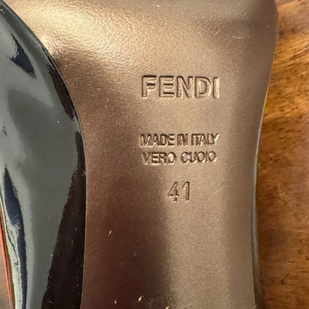 Vintage FENDI Black Patent Gold Medallion Peep Toe Pump - Picture 10 of 13